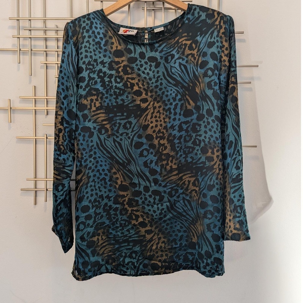 Vtg Tunic‎ Top Teal Black Animal Print Burnout Sz L Whimsigoth Y2K 90s Grunge
